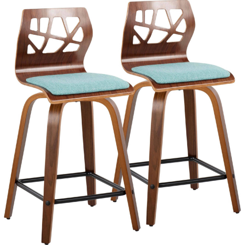 Folia 24" Swivel Counter Stool in Walnut Wood & Teal Fabric with Black Footrest (Set of 2)